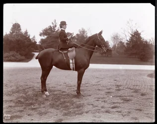Portrait de Mme Beach posée sur un cheval sur le sentier équestre de Central Park, 1898